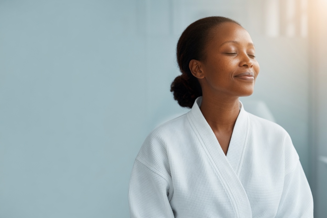 A quiet moment in the robe, face toward the light